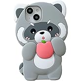 YAKVOOK Bear Case for iPhone 15 Pro Max, Kawaii 3D Silicone Cartoon Raccoon Fun Cute Soft Rubber Shockproof Protective Case for Women & Girls