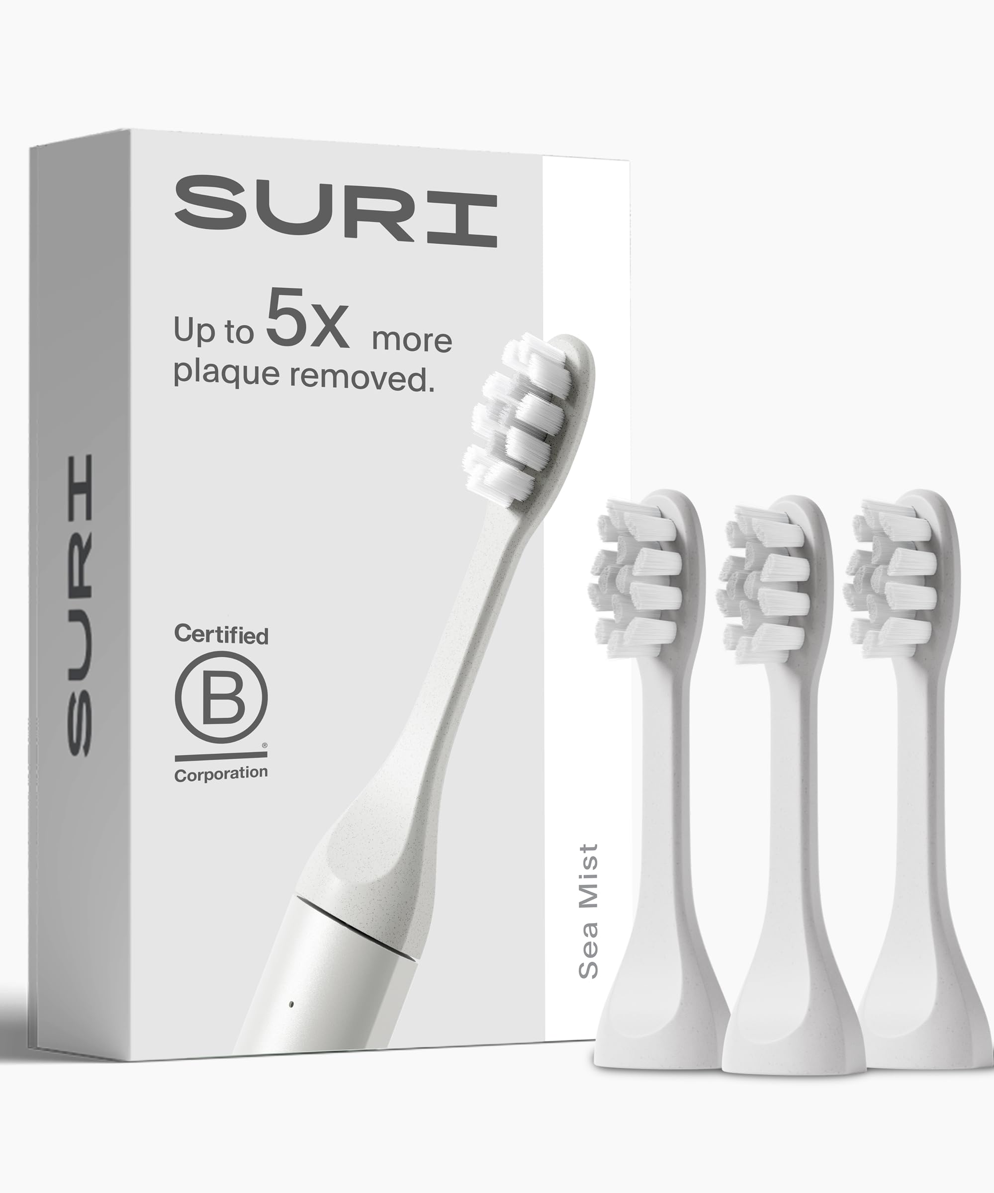 SURI Recyclable Plant-Based, Electric Toothbrush Heads - Built-in Tongue Scraper, Long Lasting Replacement Heads | Compatible Only with SURI Sonic Electric Toothbrush - Sea Mist, Pack of 3
