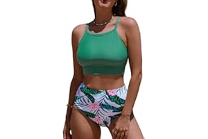 Herseas Women's Bikini Sets High Neck Tropical Leaf Print High Waisted Two Pieces Swimsuits Bathing Suits