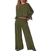 Panadila Womens Oversized Lounge Sets 2 Piece Matching Pajama Sets Long Sleeve Crop Top and Wide Leg Pants with Pockets