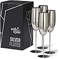 Oak & Steel - Silver Elegant Stainless Steel Champagne Flutes with Gift Box (Set of 4) Champagne Glasses 10oz Unbreakable toasting glasses for Wedding, Anniversary, Christmas, Outdoor, Pool & Picnics