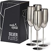 Oak & Steel - 4 Silver Stainless Steel Champagne Flutes 10 oz with Gift Box - Elegant, Solid & Unbreakable - Outdoor Parties, Picnic, Beach & Pool
