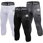 LANDUNSI 3 Pack Mens 3/4 Compression Pants Basketball Running Tights with Pockets Athletic Leggings for Sports Baselayer