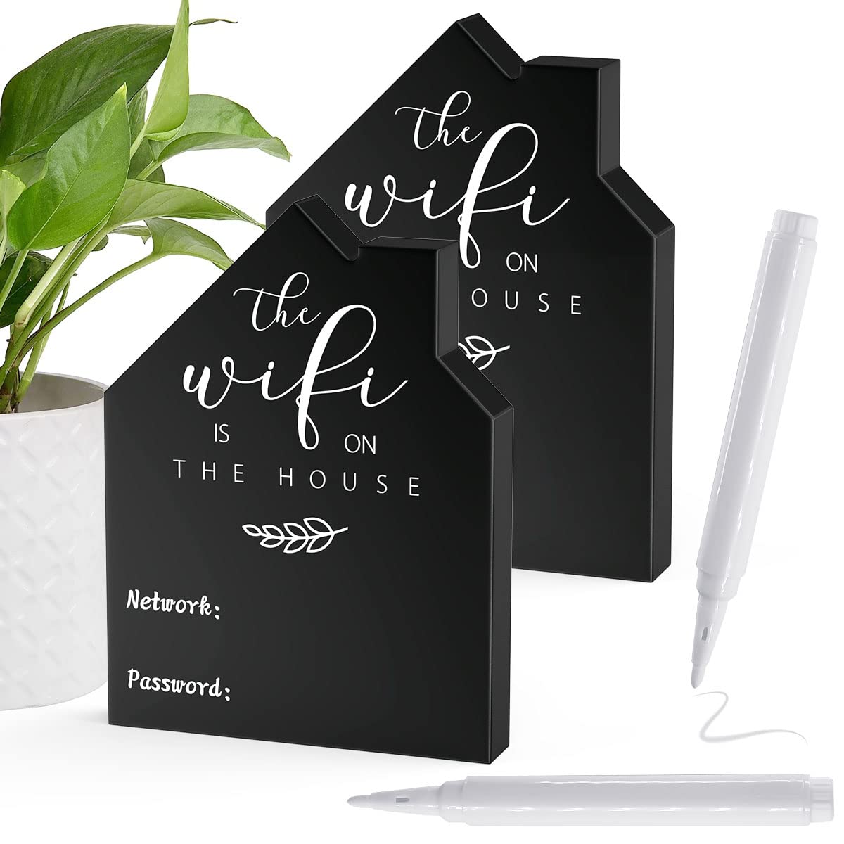 2Pcs Wifi Password Sign for Home Wooden Table Wifi Sign Wooden Freestanding Chalkboard Style House Shape with Board Erasable Pen for Home Business Centerpieces,Guest Room Tabletop Decor(5"x3.7",Black)