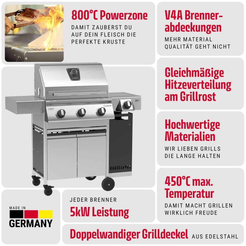 Schickling Gasgrill "Henry L - Deluxe" Edelstahlgrill Grillwagen mit Unterschrank, Doppelwandigem Deckel, 3 Brenner, 800 Grad Seitenbrenner & 3-teiligem Grillrost - Made in Germany 2