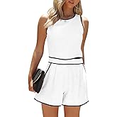 Fessceruna Women's 2 Piece Outfits Sleeveless Crop Zip Back Tank Top and High Waist Shorts Summer Contrast Workout Sets