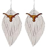 Texas Longhorns White Burnt Orange Boho Leather Feather Wire Earrings Jewelry Gift UT