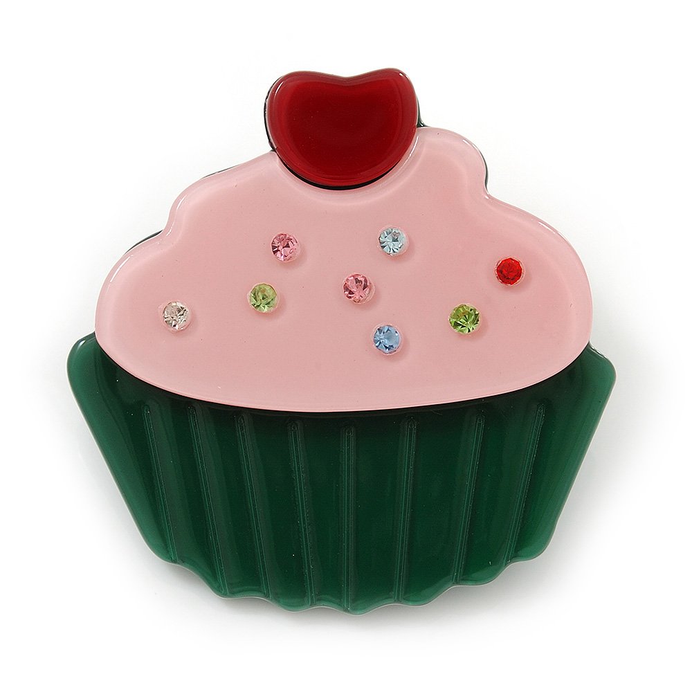Dark Green/Baby Pink Austrian Crystal Acrylic 'Cupcake' Pin Brooch - 40mm Across