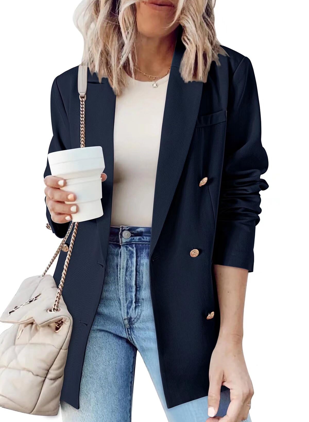 Photo 1 of Dokotoo Blazer Jacket for Women Business Casual Blazers Open Front Long Sleeve Lapel Collar Professional Work Office Double Breasted Blazer Jackets Navy Blue X-Large