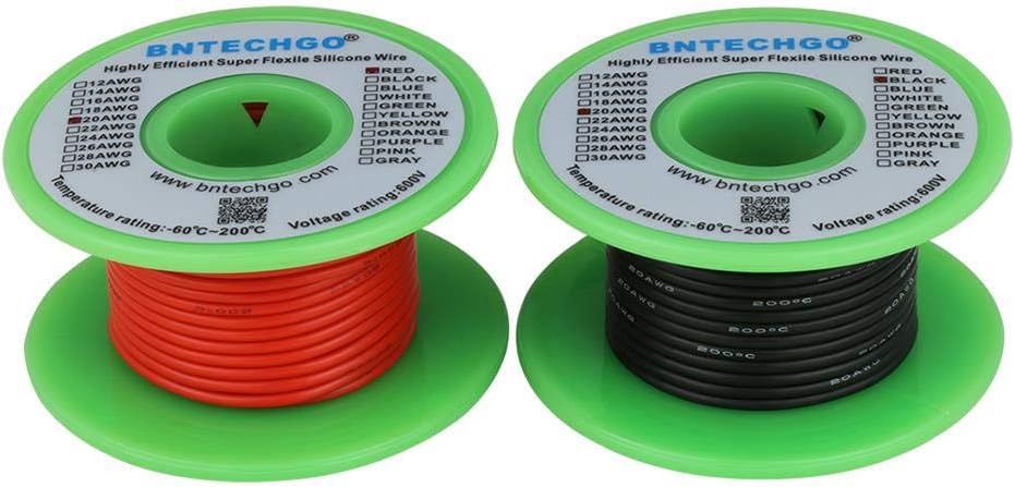 BNTECHGO 20 Gauge Silicone Wire Spool 100 ft Ultra Flexible High Temp 200 deg C 600V 20 AWG Silicone Wire 100 Strands of Tinned Copper Wire 50 ft Black and 50 ft Red Stranded Wire for Model