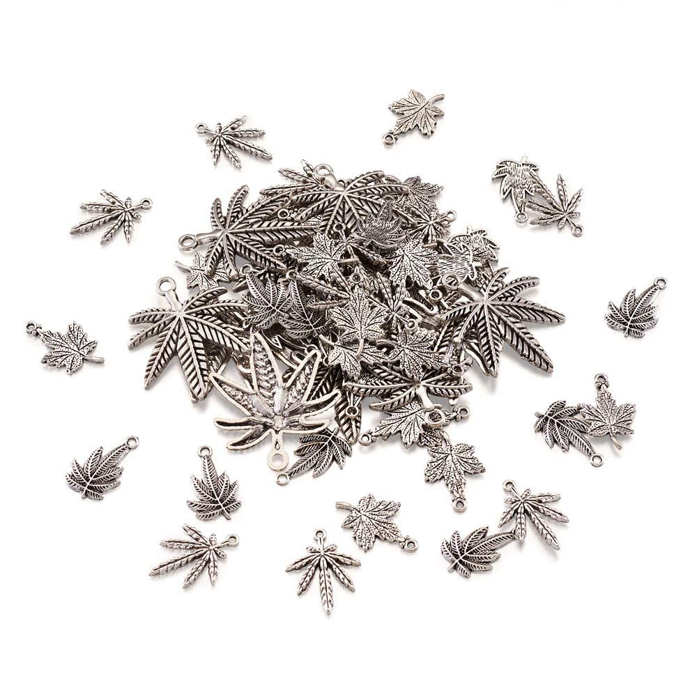 Cheriswelry 80pcs Tibetan Maple Leaf Pendants Antique Silver 4 Styles Tree Leaves Marijuana Charms for DIY Jewellery Necklace Making
