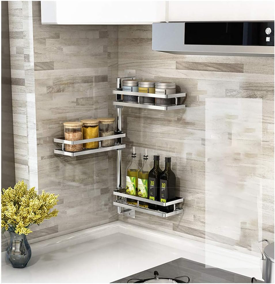 ERGH 304 Stainless Steel Kitchen Rack Free Punching Seasoning Seasoning Wall-Mounted Wall Corner Rotating Storage Rack-Threefloors
