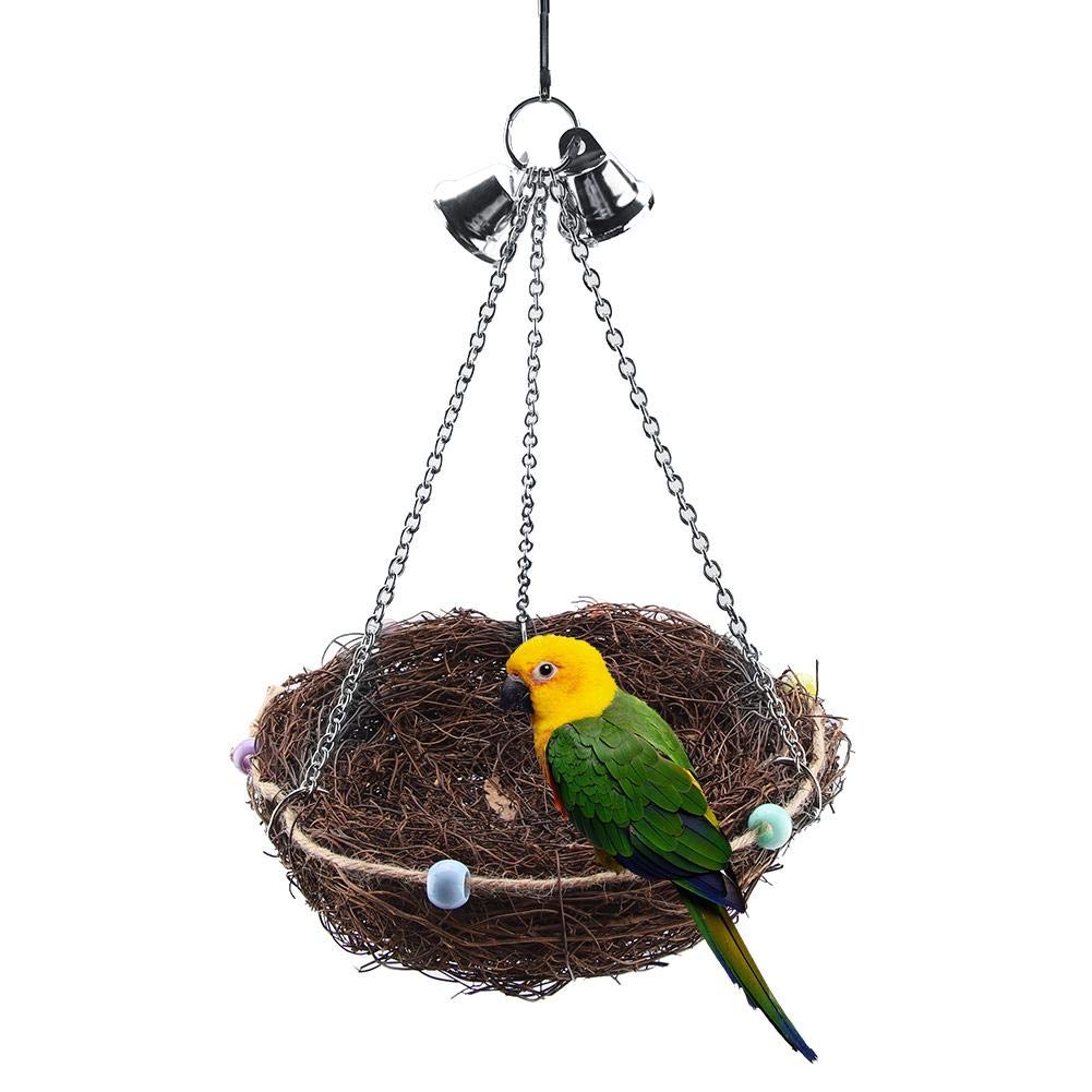 Bird Cage Toys Natural Rattan Bird Nest with 2 Metal Bells for Budgies Cockatiels Parrots Chewing Perching Toy 27x20cm