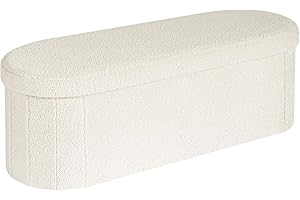 PINPLUS Storage Ottoman Bench Tufted Oval Ottomans Bench Foot Rest, Chest Box Velvet Bench with Storage, 43"x15"x15" (White)