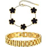 Stackable Gold Floral Bracelets Set , 2pcs 18K Gold Plated Bracelet Non-tarnish,Stainless Steel Link Chain Friendship Bracelet,Watch Band Trendy Jewelry,Christmas Valentines Birthday Gifts for Women