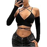 SHENHE Women's Criss Cross Strappy Wrap Crop Top Long Sleeve Halter Sexy Going Out Tshirt