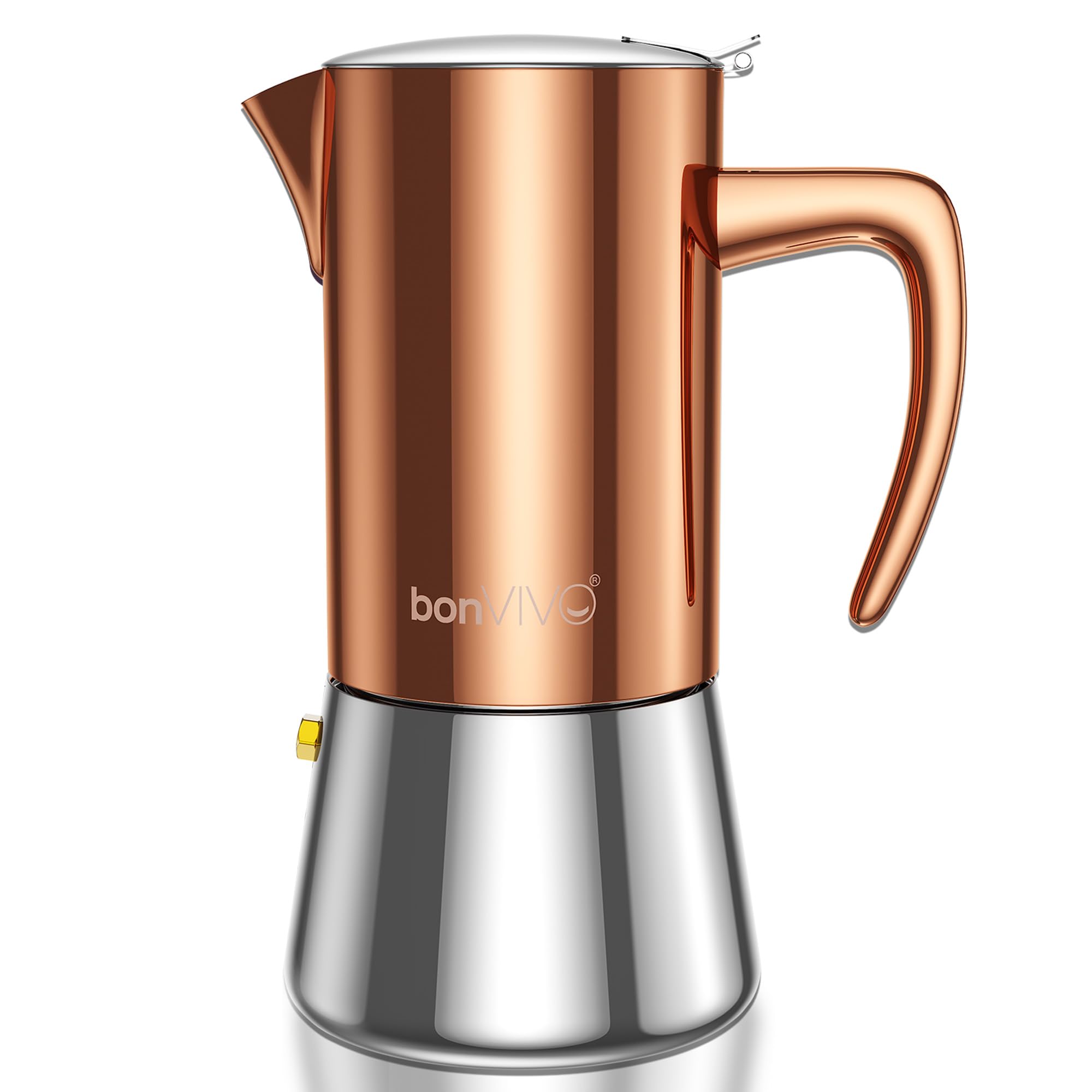 bonVIVO Moka Pot 6 Cup (300ml) – Intenca Stainless Steel Espresso Maker with Copper Finish, Stove Top Italian Coffee Maker for Gas & Electric Hobs, Classic Coffee Pot, Gift for Men & Women