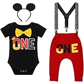 IMEKIS Toddler Boys Mouse 2nd Birthday Outfit Bowtie Romper Long Pants Headband Fall Winter Cake Smash Clothes