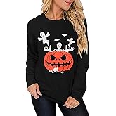 Women's Halloween Costume Pumpkin Skeleton T-Shirt Funny Long Sleeve Pullover Tops for Ladies