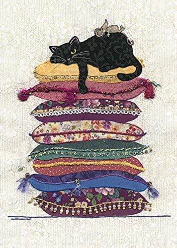 Artistic Greeting Card (BA0221) Blank/Birthday - Cat on Pillows - Foil Finish, black|brown|red|beige, 167 x 118mm