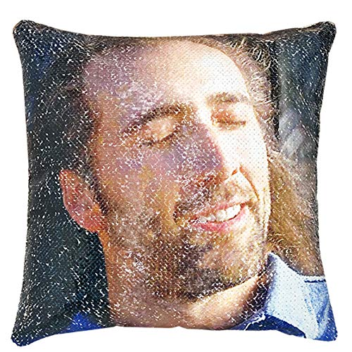 URSKYTOUS Reversible Nicolas Cage Sequin Pillow Case Decorative Mermaid Pillow Cover Color Changing Cushion Throw Pillowcase 16" x 16",Nicolas and Gold