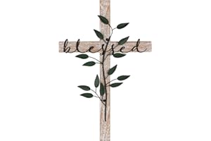 NIKKY HOME Wall Cross, Rustic Wooden Cross With Metal Leaves, Farmhouse Cross Decor, Bless Our Family Christian Decor Spiritual Religious Gifts