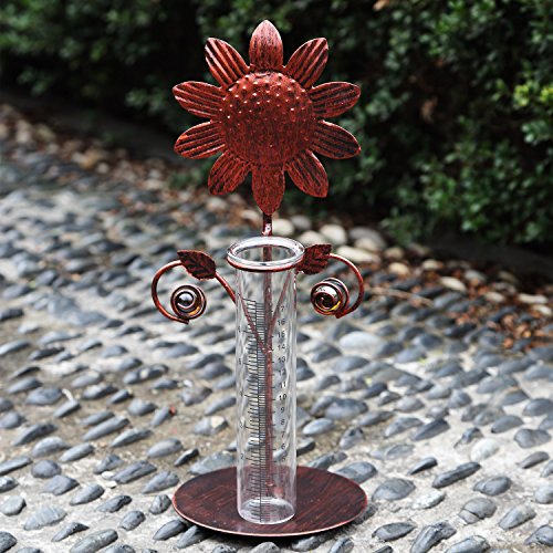 CEDAR HOME Rain Gauge Outdoor Garden Wireless Glass Brass Metal Tabletop Cute Professional Raingauge for Lawn Yard Patio Decor 8oz. by, 7" W x 6" D x 16" H, Copper Sunflower
