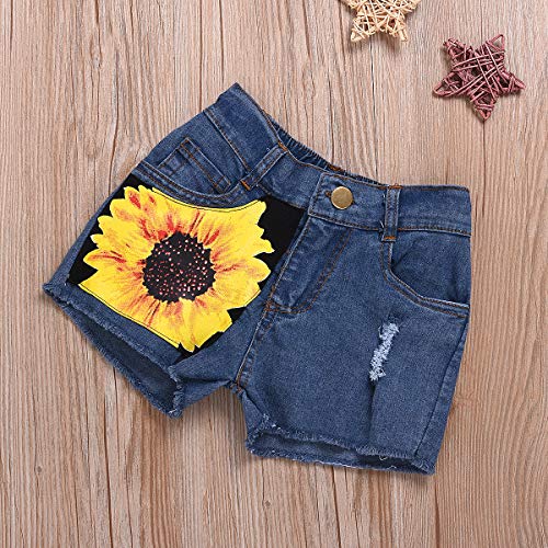 2 Style Toddler Girl Sleeveless Vest Tops +Floral Denim Shorts Outfits Set (5-6T, Sunflower+White)