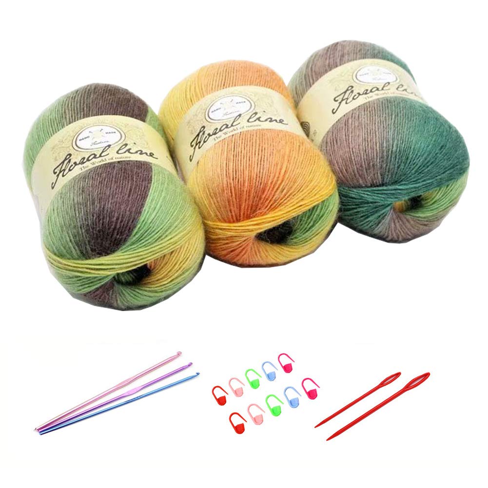 3X 100g Rainbow Wool Yarn Balls Chunky Knit Double Pom Pom Coloured Chunky Wool with 3 Crochet Hooks, 2 Needles, 10 Crochet Locking Stitch Markers for Beginners (202)