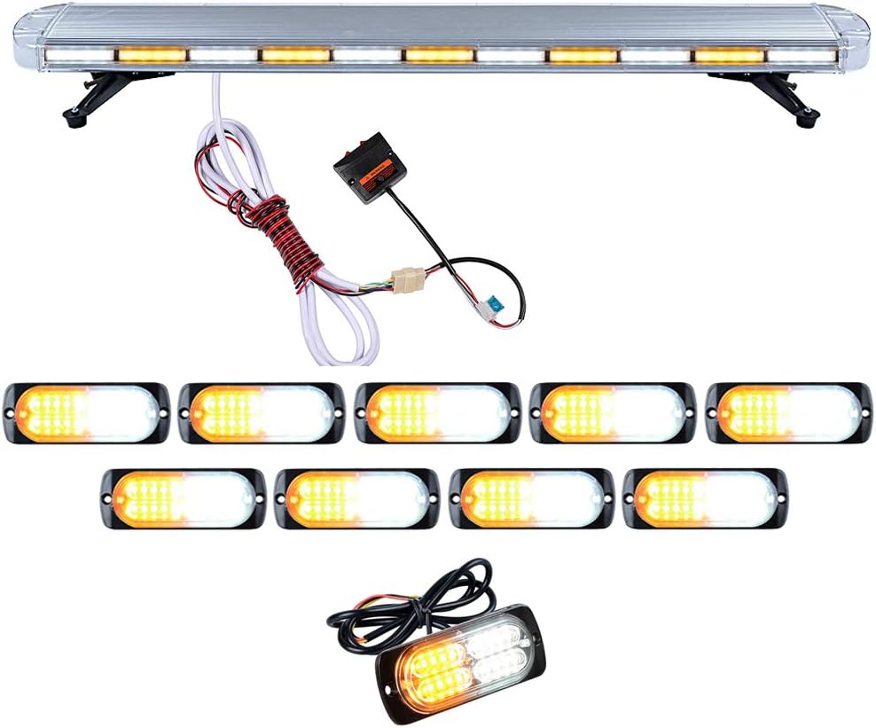 Set 1pc 51" 96-LED 96W Emergency Warning Security & 10pcs Super Thin 20 LED Construction Hazard Dash Grille mini Strobe Light Bar Tow Truck Respone (AMBER/WHITE)