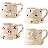 Handmade Ceramic Coffee Mug with Cute Flower Hearts Pattern Tea Cup- 11oz Unique Artistic Coffee Cup, Creative Gift for Tea, Cappuccino, and Office Use(4,Multicolor)