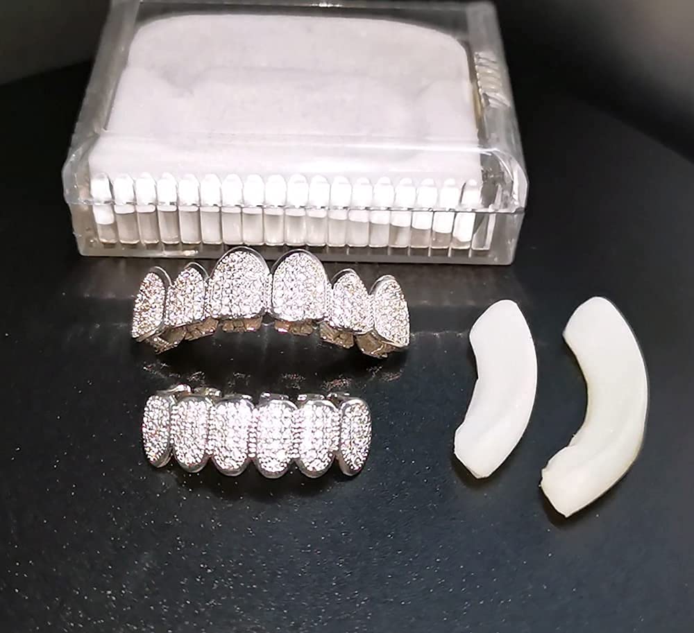HH BLING EMPIRE Iced Out Diamond Teeth Grillz for Men Women, Hip Hop Silver Grills for your teeth Top and Bottom, Rapper Costume Mouth Grillz with Silicone Molding Bars