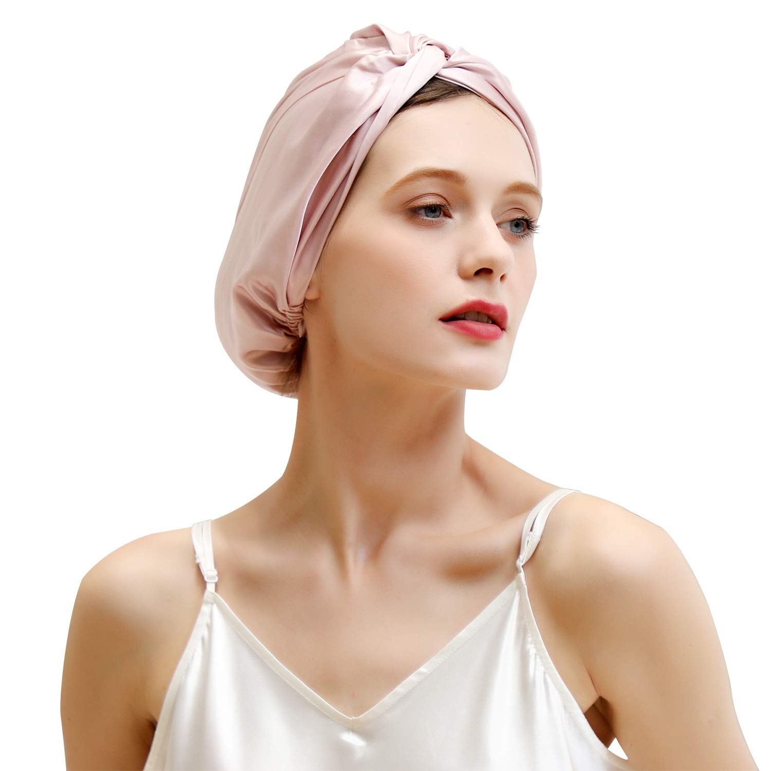 ZIMASILK 22 Momme 100% Mulberry Silk Sleep Cap for Women Hair Care,Natural Silk Hair Wrap for Sleeping, Bonnet with Elastic Stay On Head, Classic Pleated(1Pc, Light Plum/Pink)