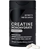 Sports Research® Creatine Monohydrate Capsules - Supports Workout Recovery, Lean Muscle gain, Performance and Strength* - Non-GMO, Vegan Certified - 5g per Servings - 30 Servings