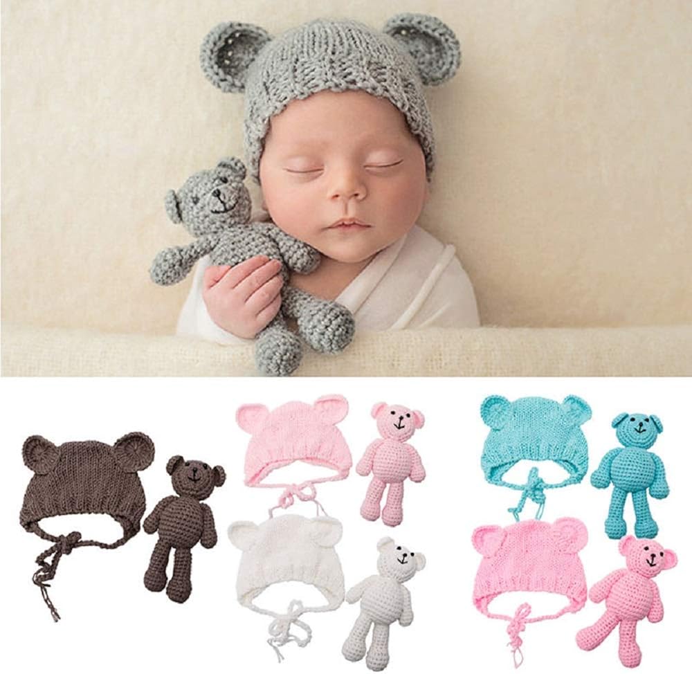 Matissa Newborn Baby Crochet Knit Costume Photography Prop Baby Bear Hat and Doll Set (Rose Pink) - Image 4