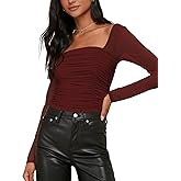 WISFRUIT Women's Sexy Square Neck Long Sleeve Tops Sheer Mesh Ruched Fitted T-Shirts Going Out Tees
