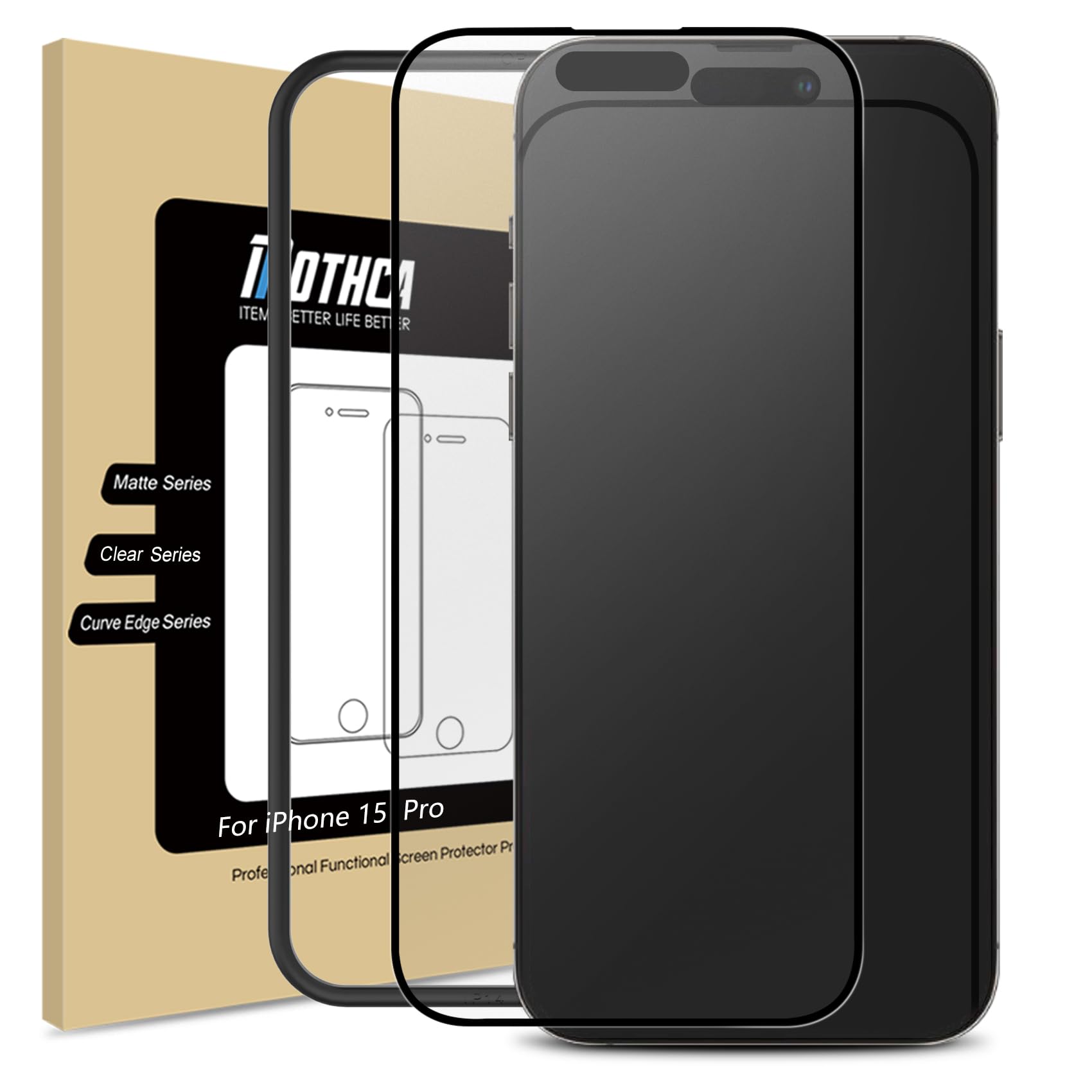 Photo 1 of Mothca Matte Glass Full Coverage Screen Protector for iPhone 15 Pro 6.1-inch, Anti-Glare Anti-Fingerprint Black Edge Tempered Glass Film with Easy Installation Tool, Case Friendly, Smooth as Silk