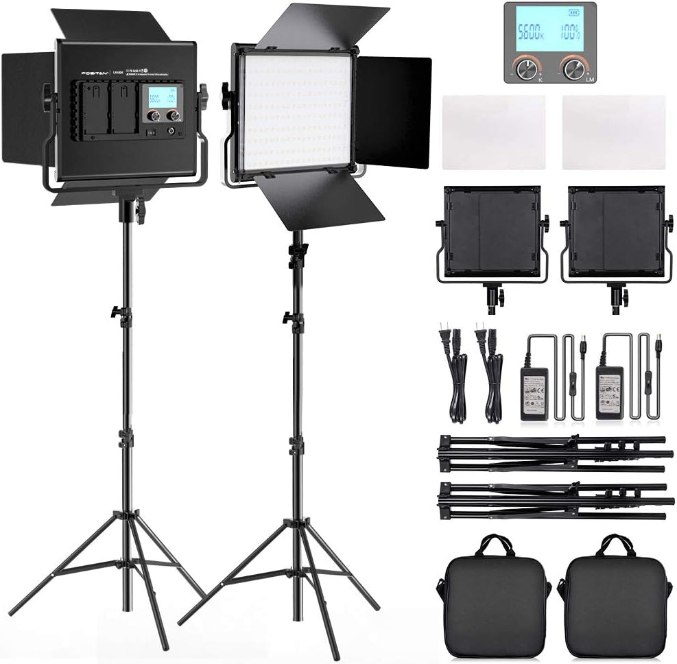 FOSITAN 2 Kits Bi-Color LED Video Light LCD Display Video Lighting Kit CRI 96+ 3200K-5600K Dimmable SMD LED Light with U Bracket, Barndoor, 79