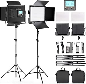 FOSITAN 2 Kits Bi-Color LED Video Light LCD Display Video Lighting Kit CRI 96+ 3200K-5600K Dimmable SMD LED Light with U Bracket, Barndoor, 79