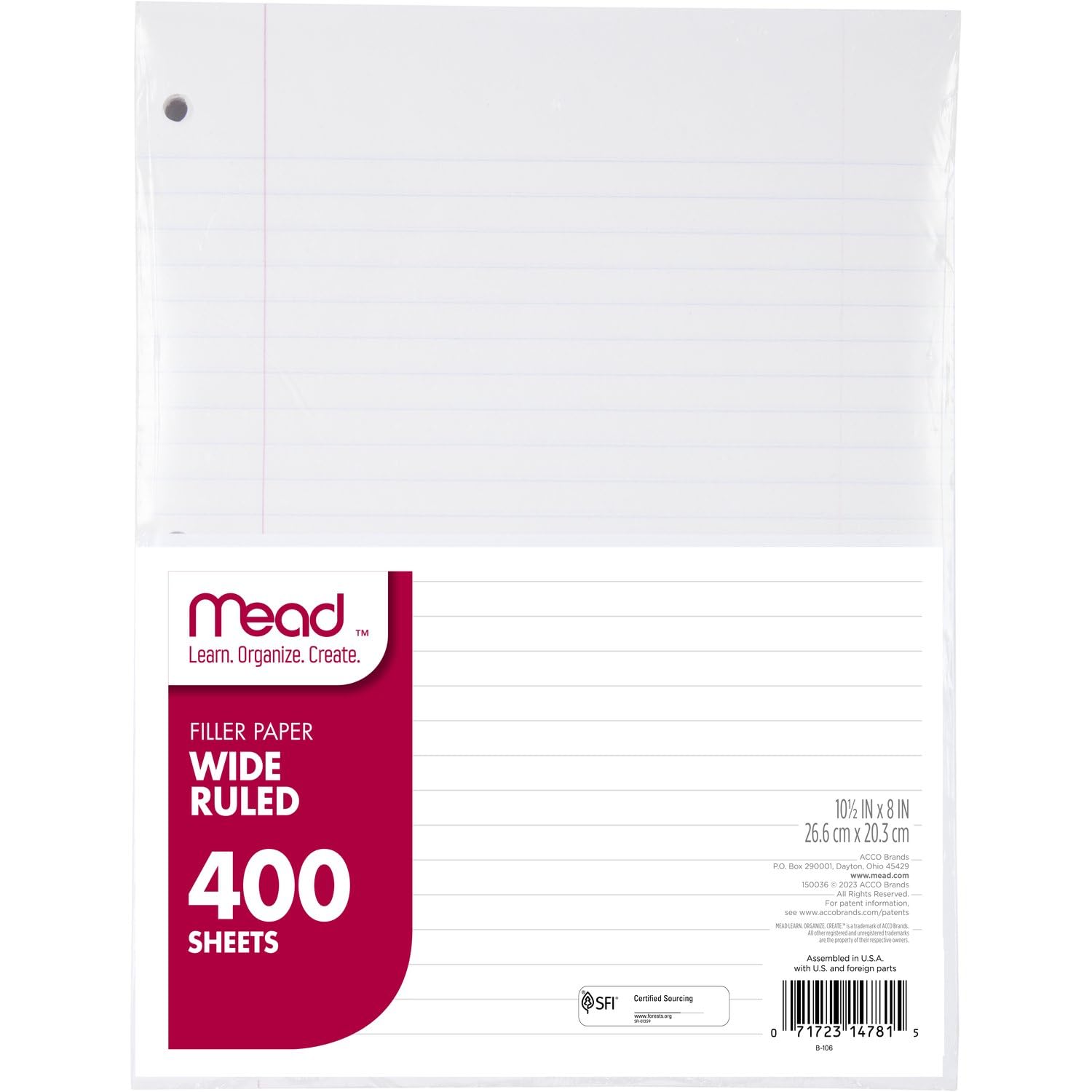 Photo 1 of Mead Loose Leaf Paper, Wide Ruled Filler Notebook Paper, 8" x 10-1/2", 400 Sheets, Fits 3-Ring Binder (150036-ECM)