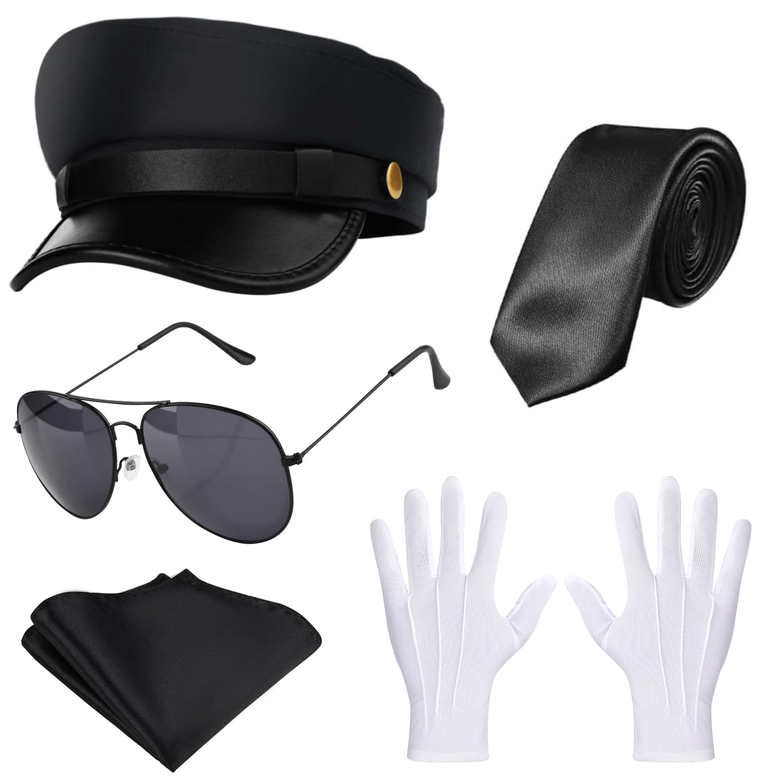 Kavoc 5 Pcs Chauffeur Costume Include Limo Driver Hat Gloves Handkerchif Glasses for Men Women Party Cosplay Dress Up(Style1)
