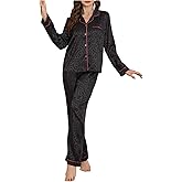 OYOANGLE Women's Satin Pajama Set Leopard Jacquard Button Down Sleepwear Long Sleeve Shirt Pants Pjs Sleepwear