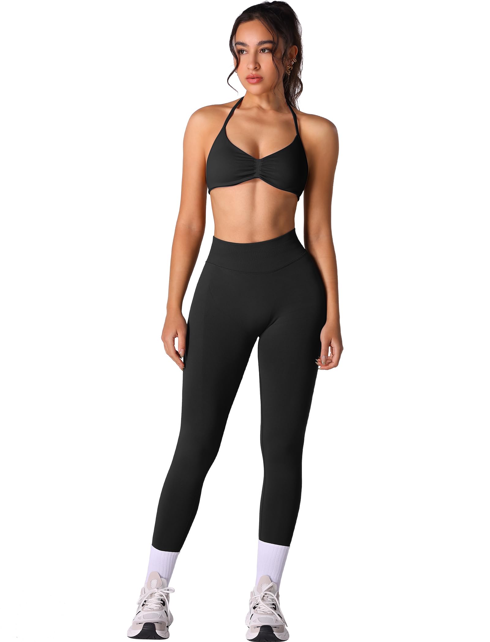 Photo 1 of ABOCIW Black Workout Sets for Women 2 Piece Seamless Halter Sports Bra Scrunch Butt High Waist Impact Leggings Gym Yoga Outfits #1 Black Medium
