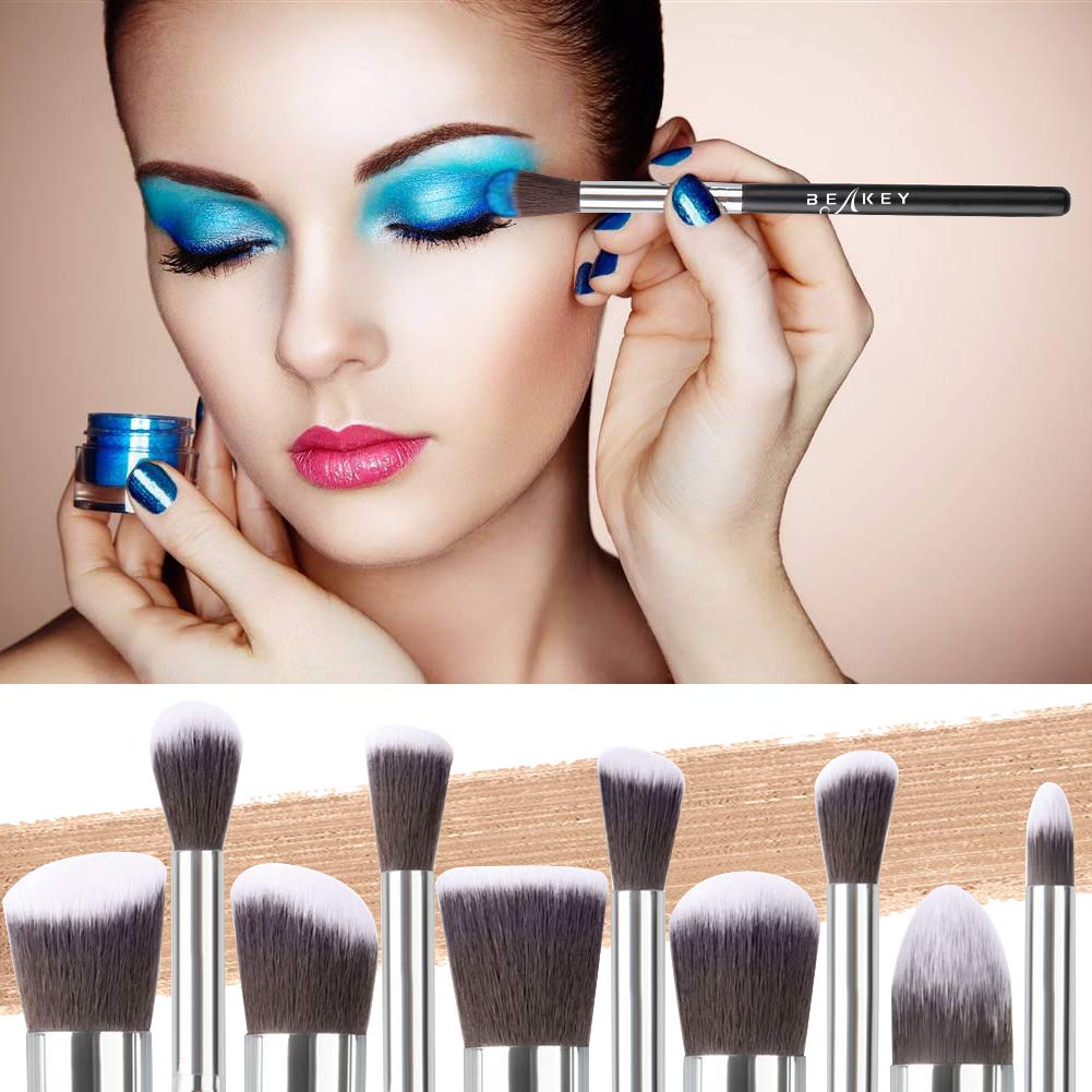 BEAKEY Makeup Brush Set, Premium Synthetic Kabuki Foundation Face Powder Blush Eyeshadow Brushes Makeup Brush Kit with Blender Sponge and Brush Cleaner (10+2pcs, Black/Silver): Beauty