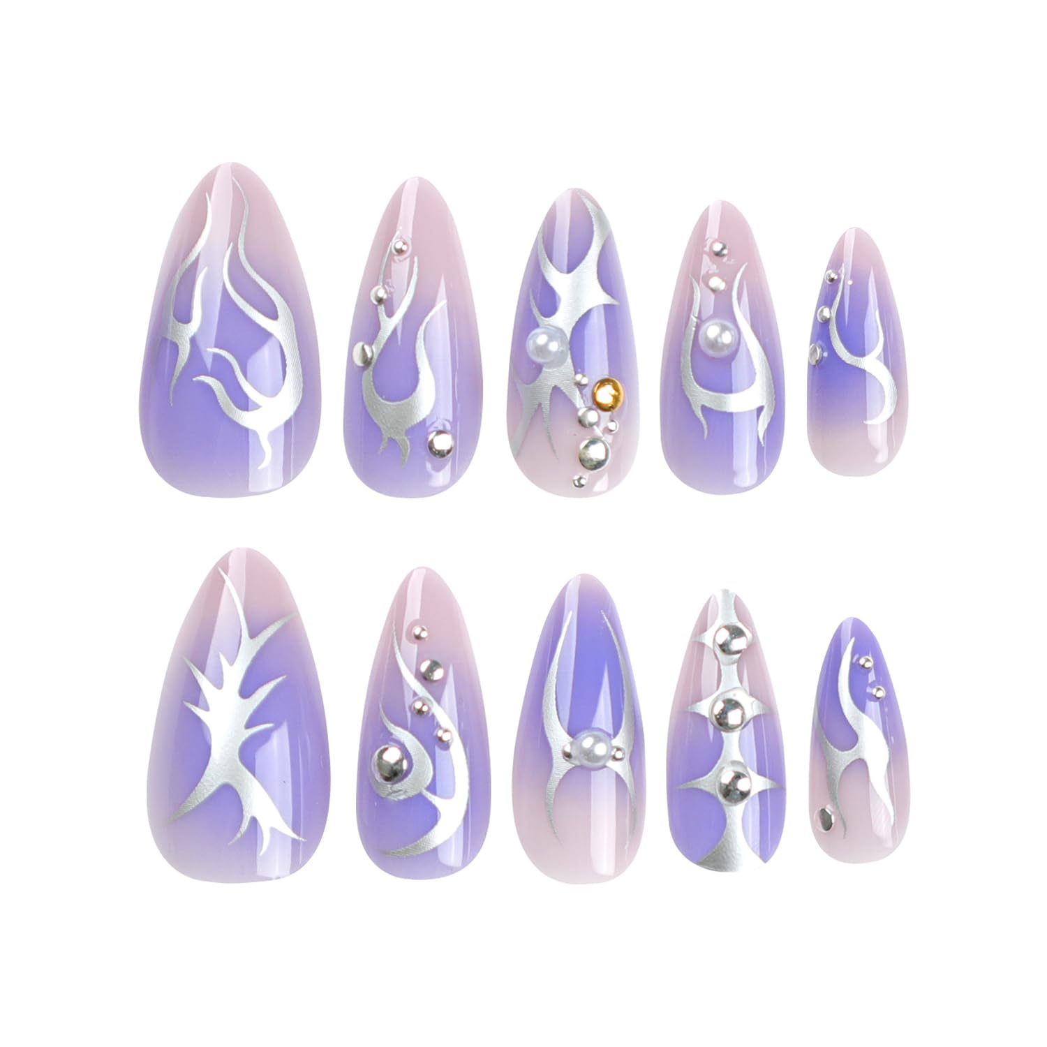 24 Pcs Purple Press on Almond Fake Nails - Pearl Designs, Glossy Full Cover Stick on Nails for Women - Image 5