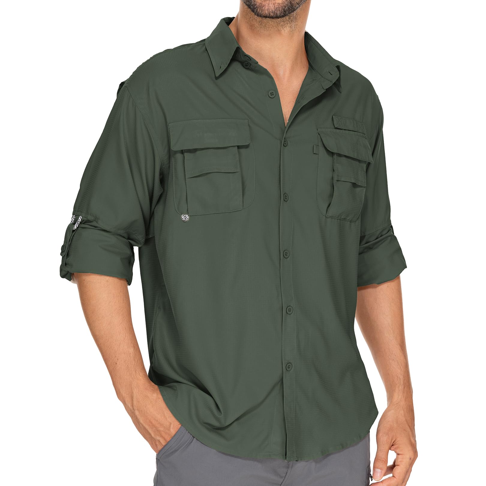 Photo 1 of Men’s Long Sleeve Shirts UV UPF 50 Sun Protection Hiking Fishing Safari Shirt Quick Dry Cool Utility Blouse (5052 Army Green S)