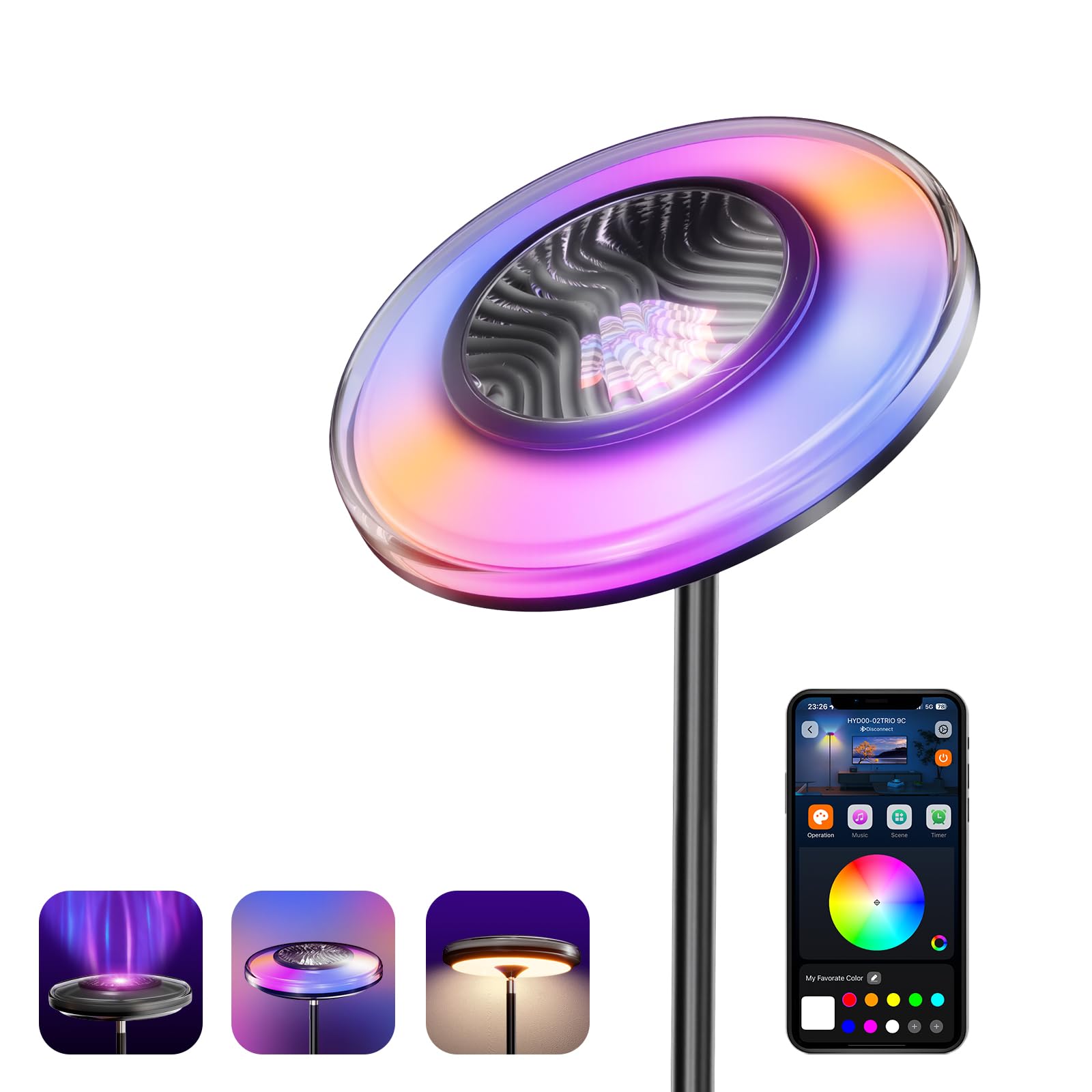 Photo 1 of Arsoma Smart Floor Lamp for Living Room, RGB+WW Ripple Projector, LED Corner Floor Light, Dimmable Tall Standing Lamp with App Control, Color Changing Mood Light & Eye-Care Reading Lamp for Bedroom