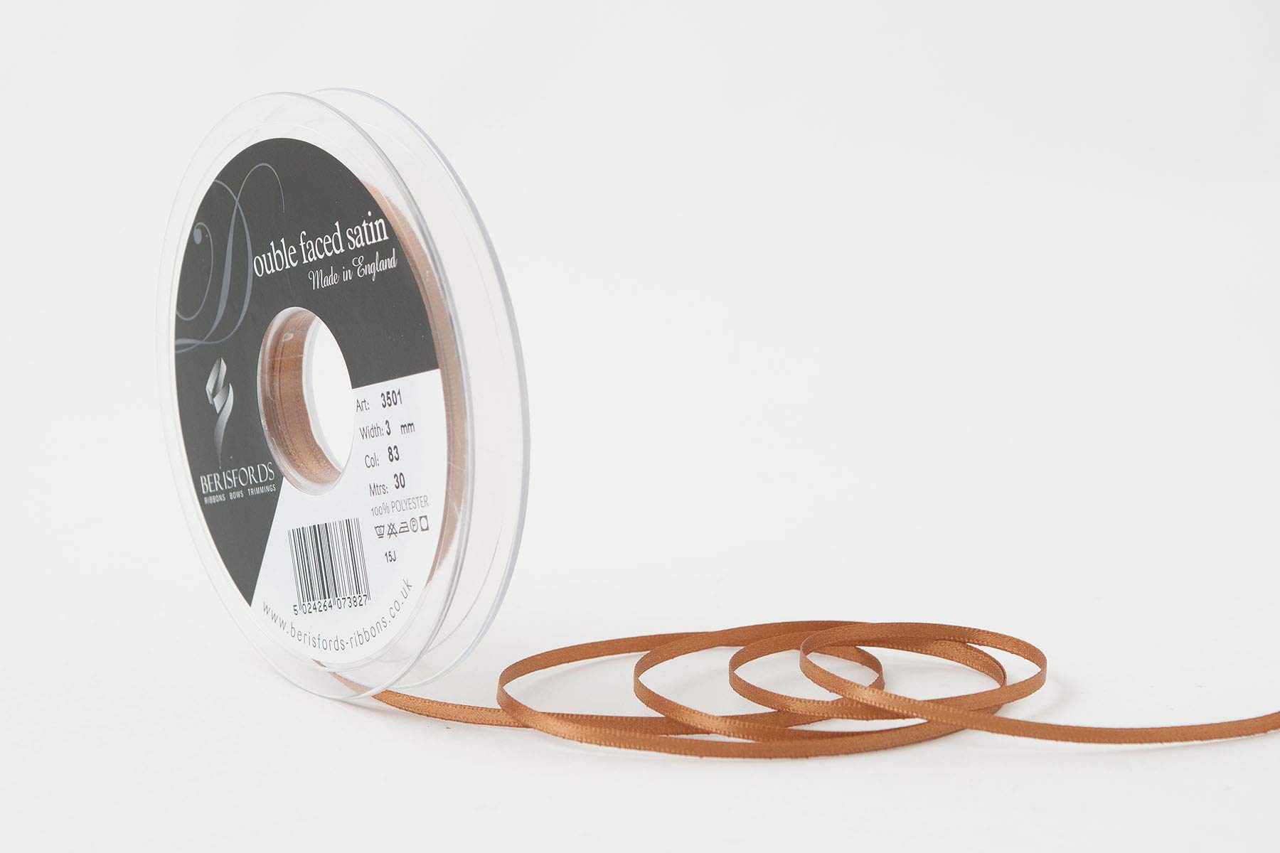 Berisfords Double FACE Poly Satin Ribbon, Sable, 3 mm — image 1