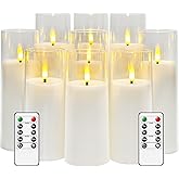 kakoya Flickering Flameless Candles Battery Operated with Remote and 2/4/6/8 H Timer Acrylic Led Pillar Candles Pack of 9 (appr D2.3"xH5.5"6.5"7.5")with Realistic 3D Wick Candles for Home Decor(White)