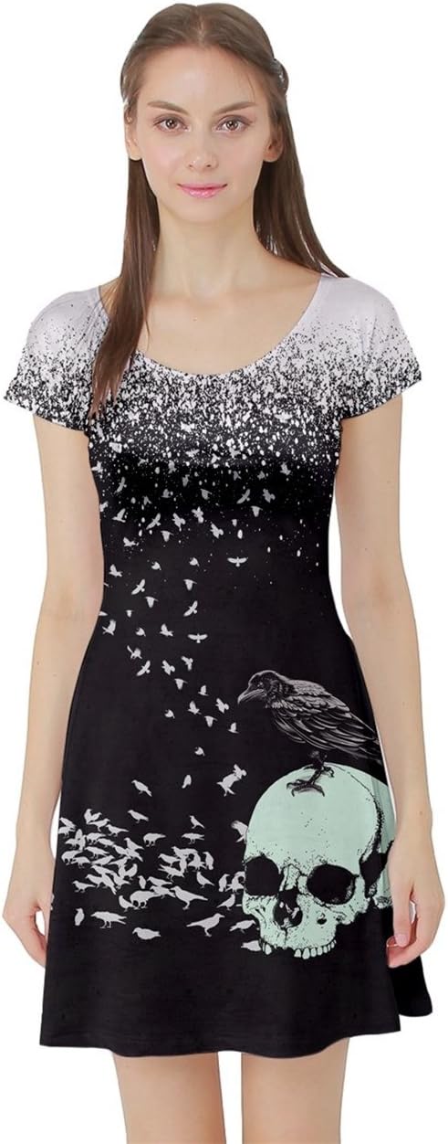 CowCow Womens Floral Sugar Skull Grunge Short Sleeve Skater Dress, XS-5XL